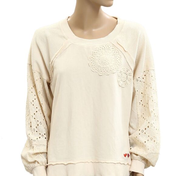 Anthropologie Pilcro Doily Sweatshirt Top Eyelet Embroidered Crochet S 281804 - Picture 7 of 10